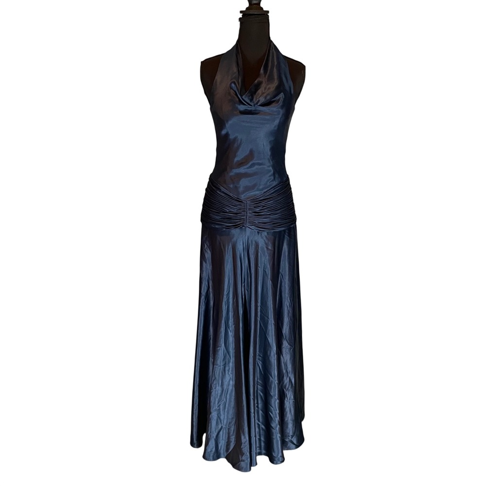 VTG Alyce Designs Navy Liquid Satin Halter Ruched Drop Waist Evening Gown Size 4